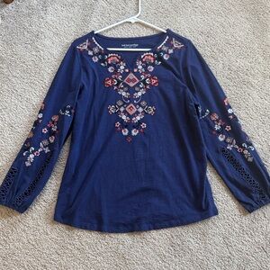 Soft Surroundings Navy Floral Embroidered Long Sleeve Top
